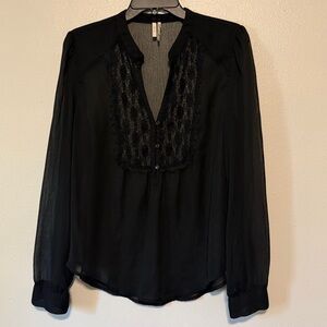 Frenchi Black Long-Sleeve Lace-Trim V-Neck Blouse